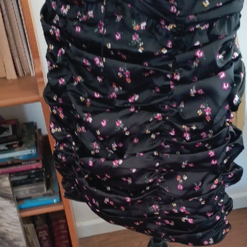 For Love And Lemons Ruched Black Dress with Pink Floral Accents - Picture 4 of 7